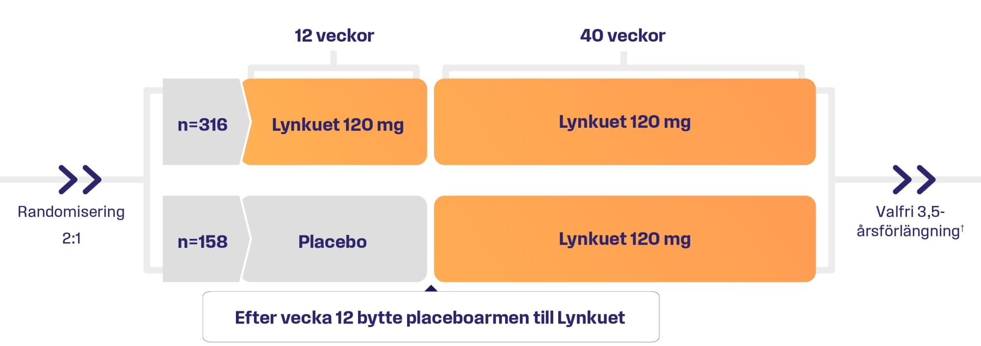 Studiedesign OASIS 4: 12 veckor placebokontrollerad fas, 40 veckor Lynkuet, valfri 3,5-årsförlängning