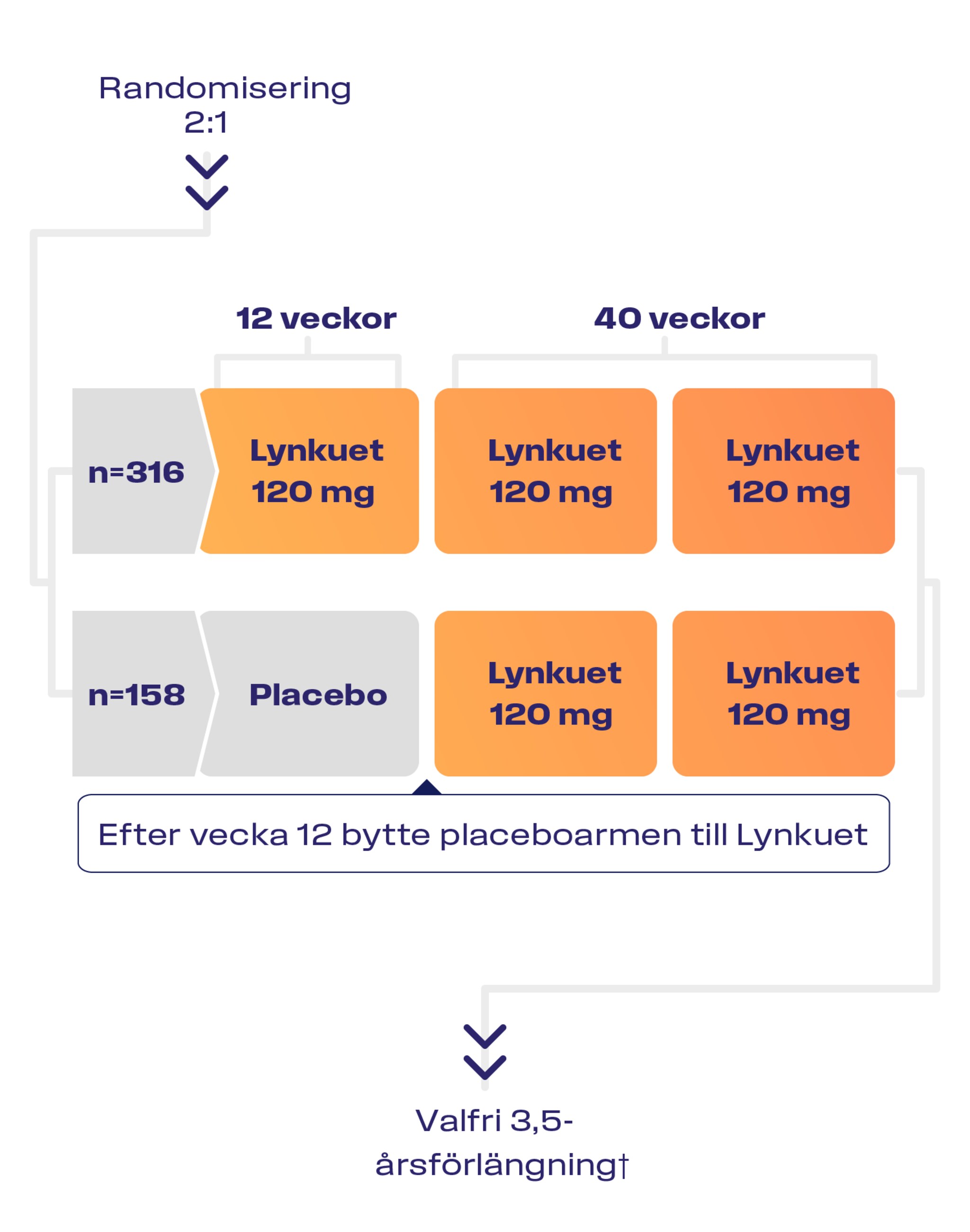 Studiedesign OASIS 4: 12 veckor placebokontrollerad fas, 40 veckor Lynkuet, valfri 3,5-årsförlängning